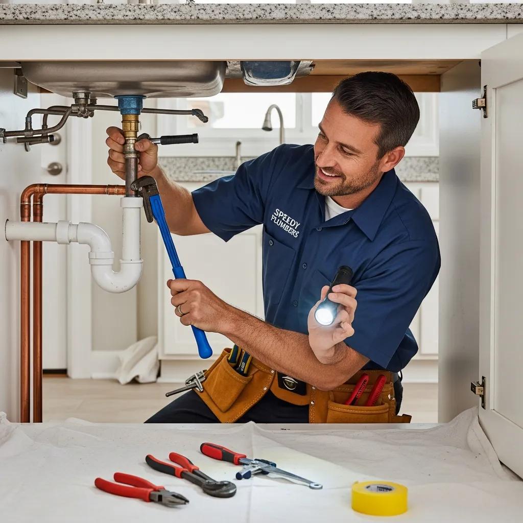 Professional plumber fixing a plumbing issue in a residential setting, showcasing reliability and expertise