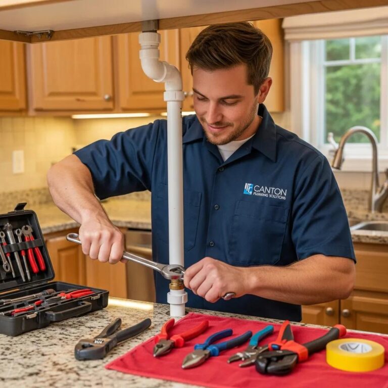 Professional plumber fixing a residential plumbing system in Canton, showcasing trust and reliability