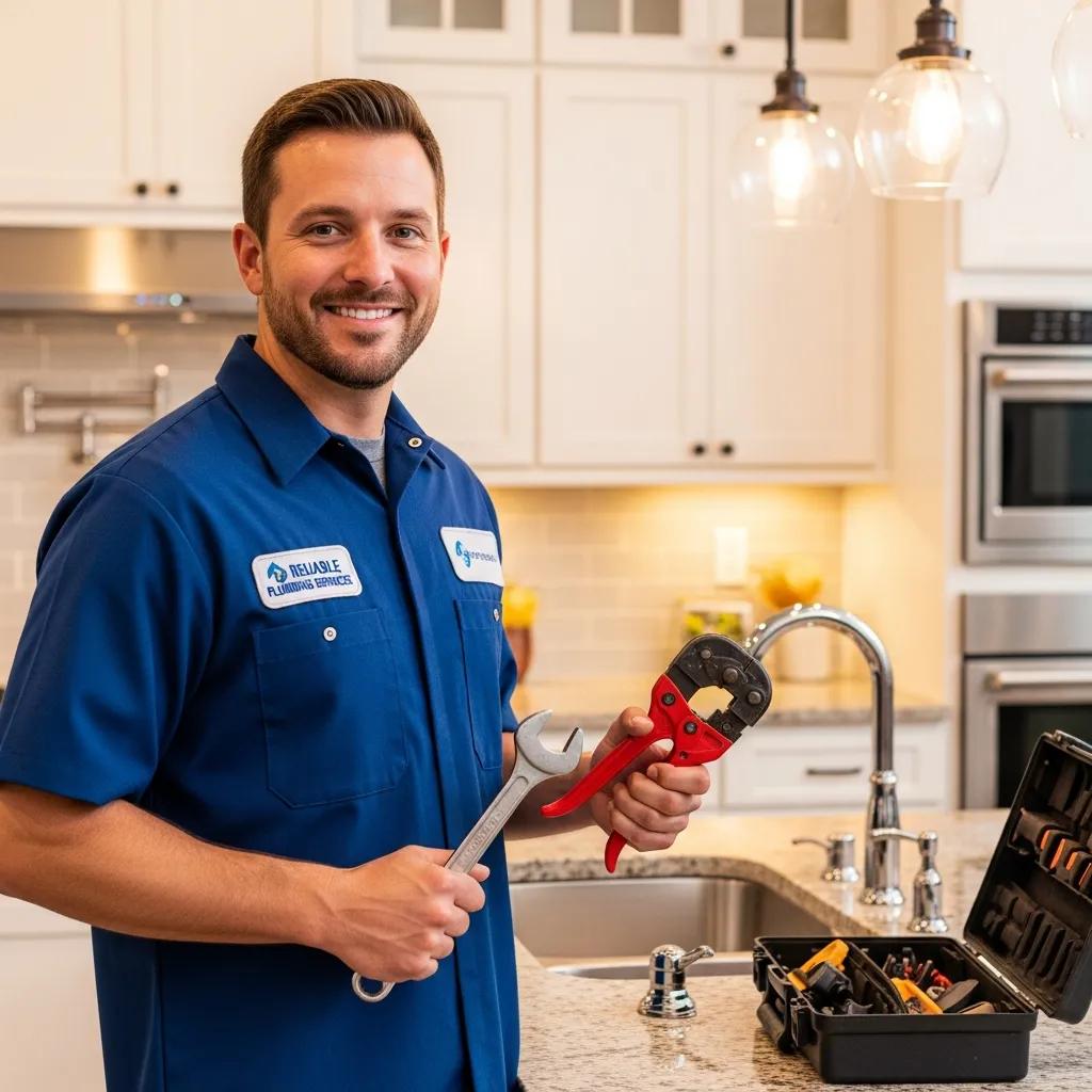 Professional plumber in a modern kitchen, showcasing reliability and expertise in plumbing services