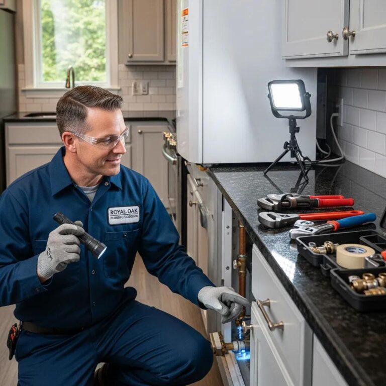 Professional plumber inspecting a water heater in a modern kitchen, emphasizing quality plumbing service in Royal Oak
