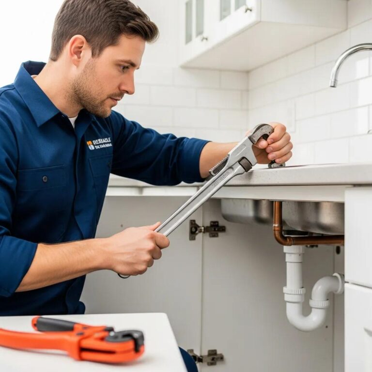 Professional plumber repairing a pipe in a residential kitchen, showcasing reliable plumbing solutions