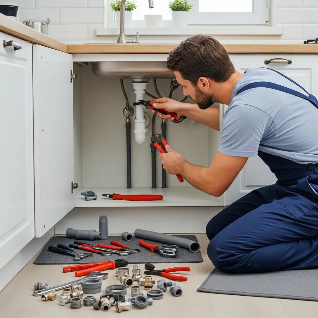Professional plumber repairing a residential plumbing system in a modern kitchen