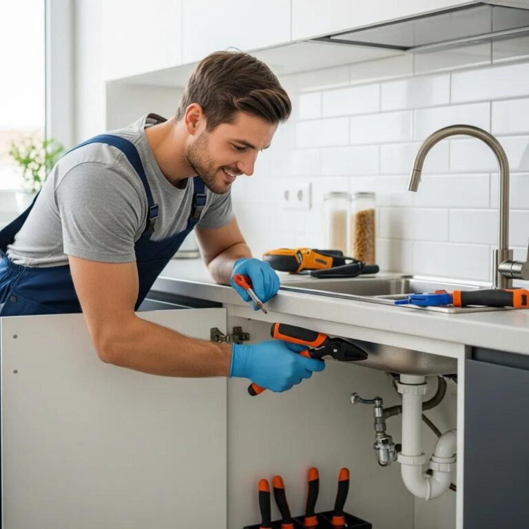 Professional plumber working in a residential kitchen, emphasizing reliable plumbing services