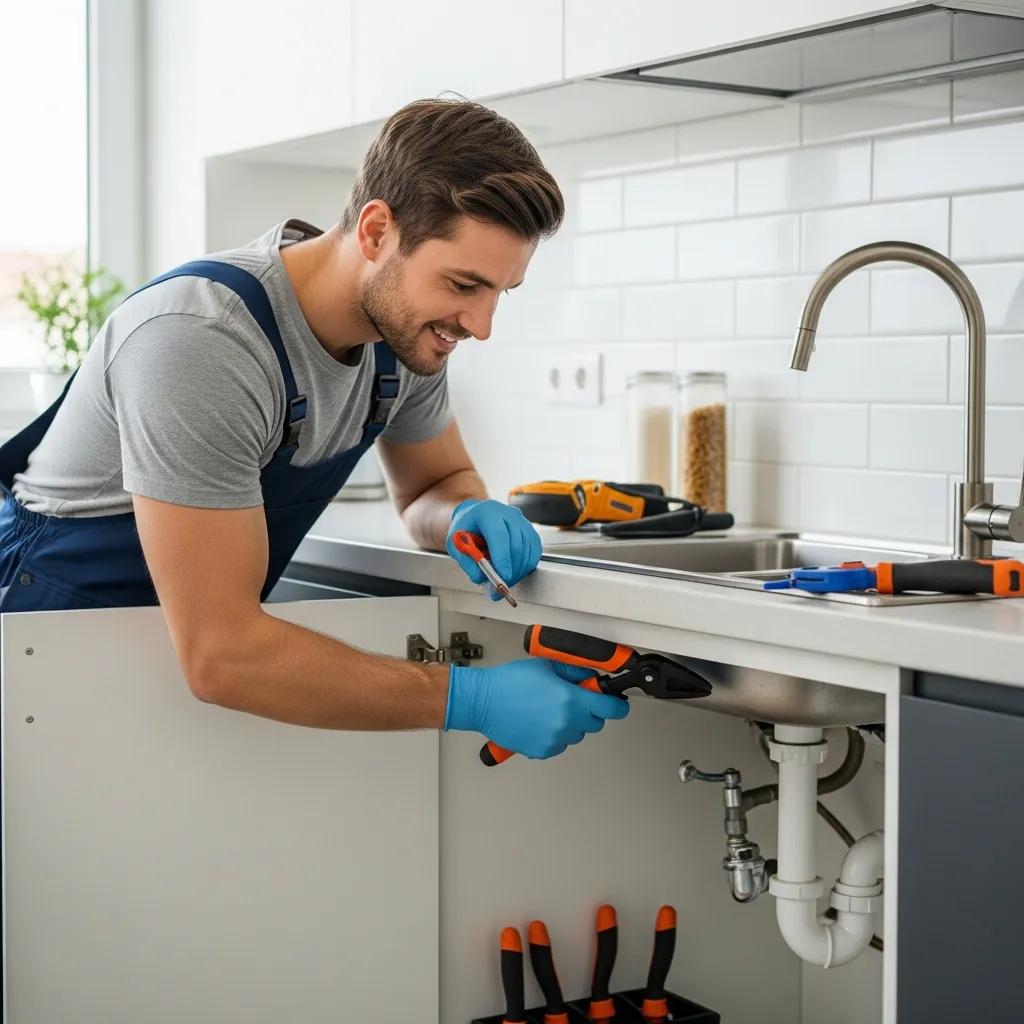 Professional plumber working in a residential kitchen, emphasizing reliable plumbing services