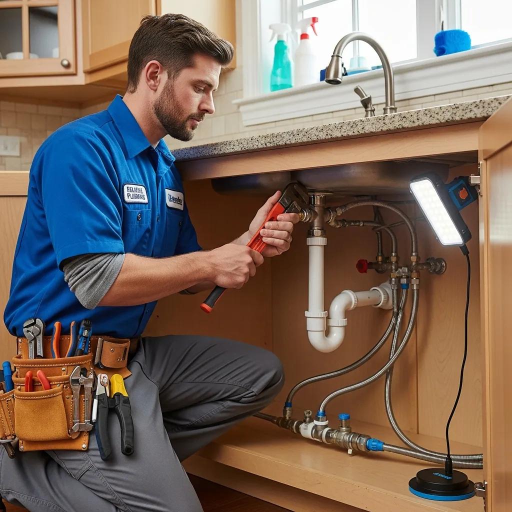 Professional plumber working on residential plumbing system in Livonia