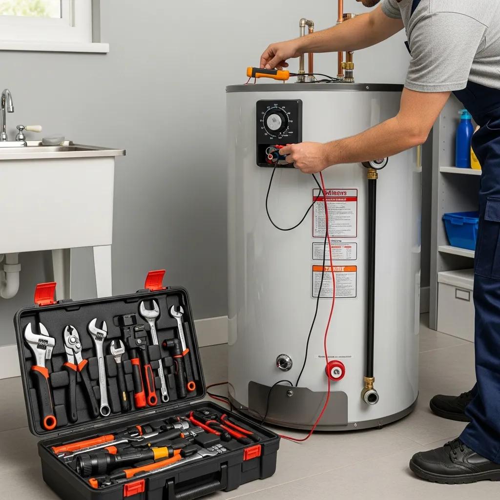Technician inspecting a water heater with tools, demonstrating professional repair and installation services for plumbing and water heater maintenance in a residential setting.