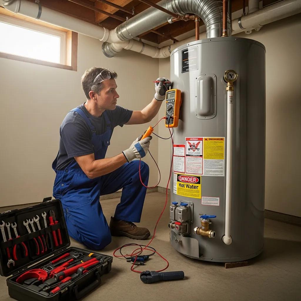 Frost & Kretsch technician inspecting a water heater in a Westland home to recommend repair or replacement