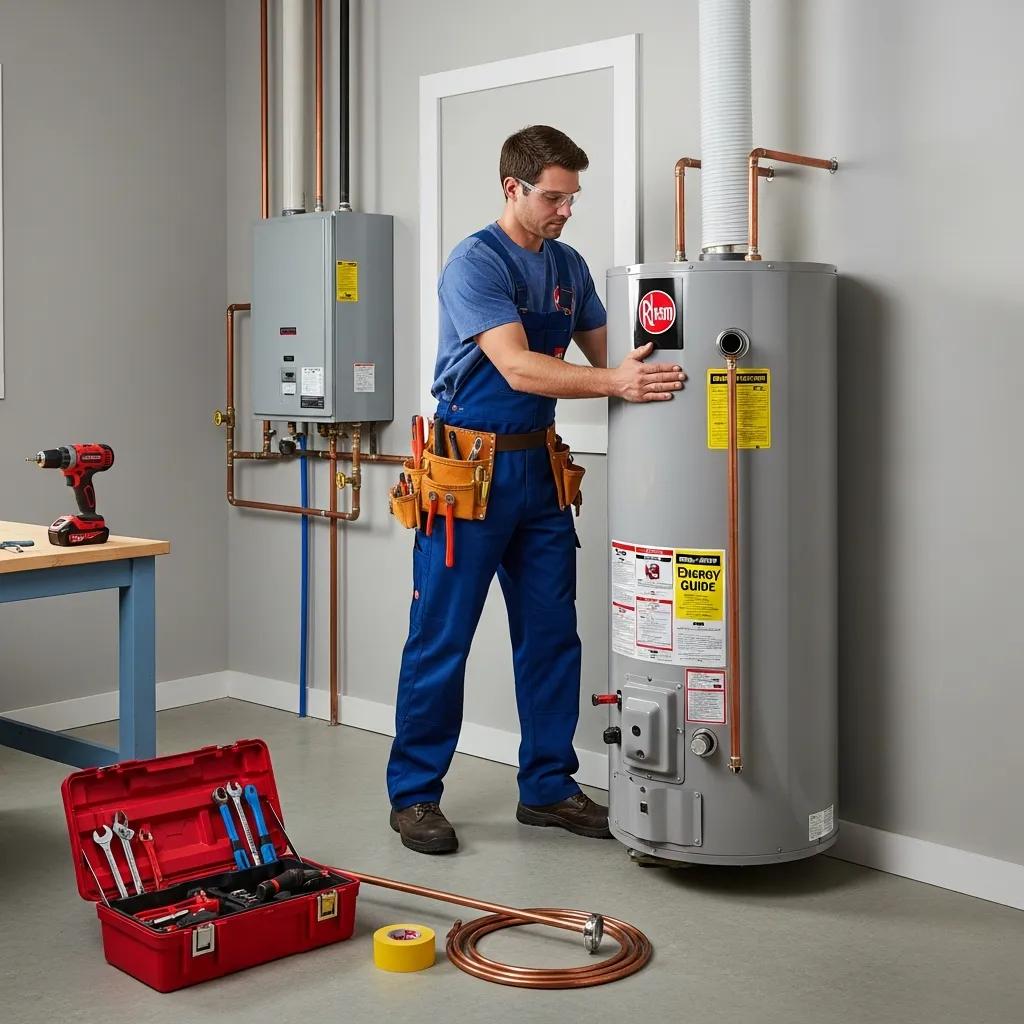 Technician installing a water heater in a home utility room