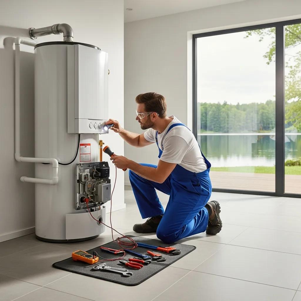 Technician servicing a water heater at a lakefront property