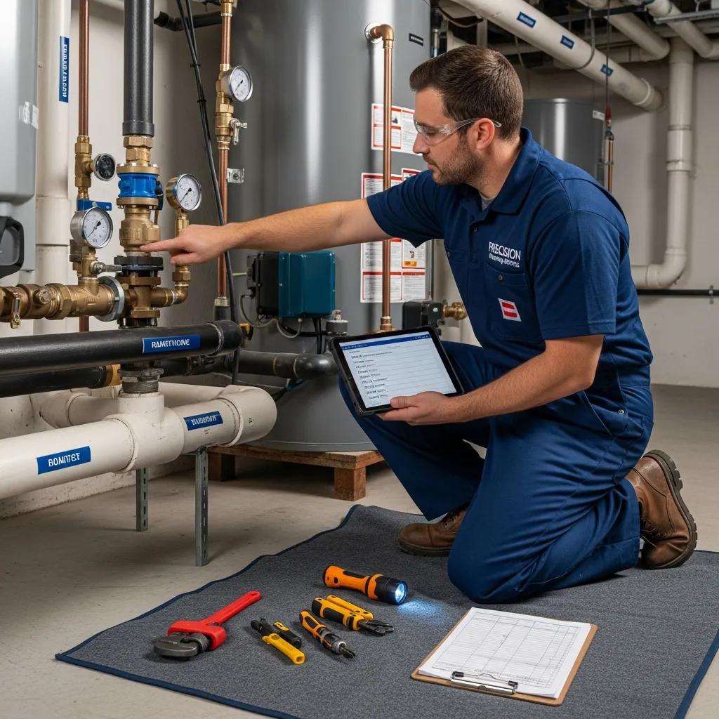 Technician performing preventative maintenance on a commercial plumbing system &mdash; routine checks and record-keeping