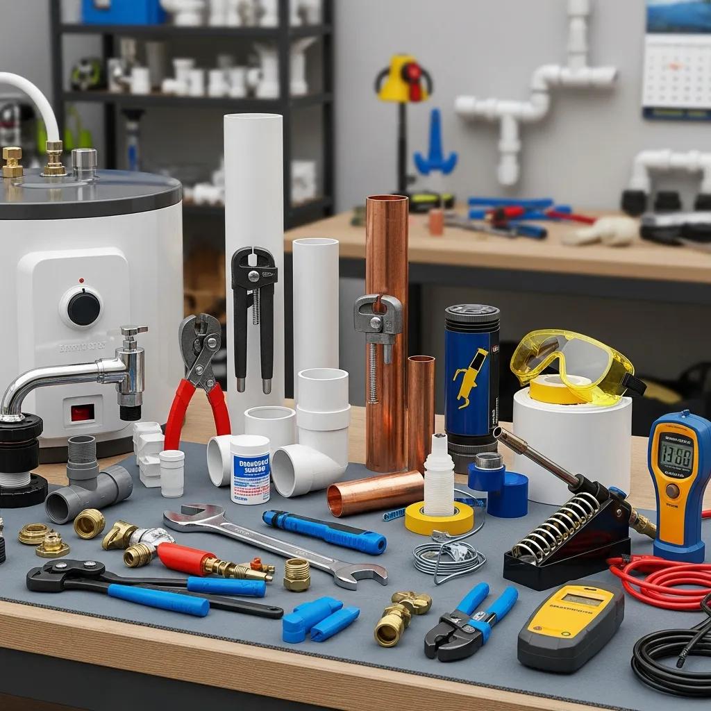 Variety of plumbing tools and equipment on a workbench, including wrenches, pipes, a water heater, safety goggles, and diagnostic tools, representing professional plumbing capabilities for residential services in Dearborn.