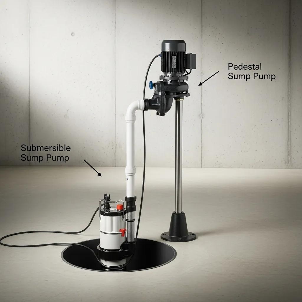 Side-by-side view of submersible and pedestal sump pumps in a basement to show key design differences