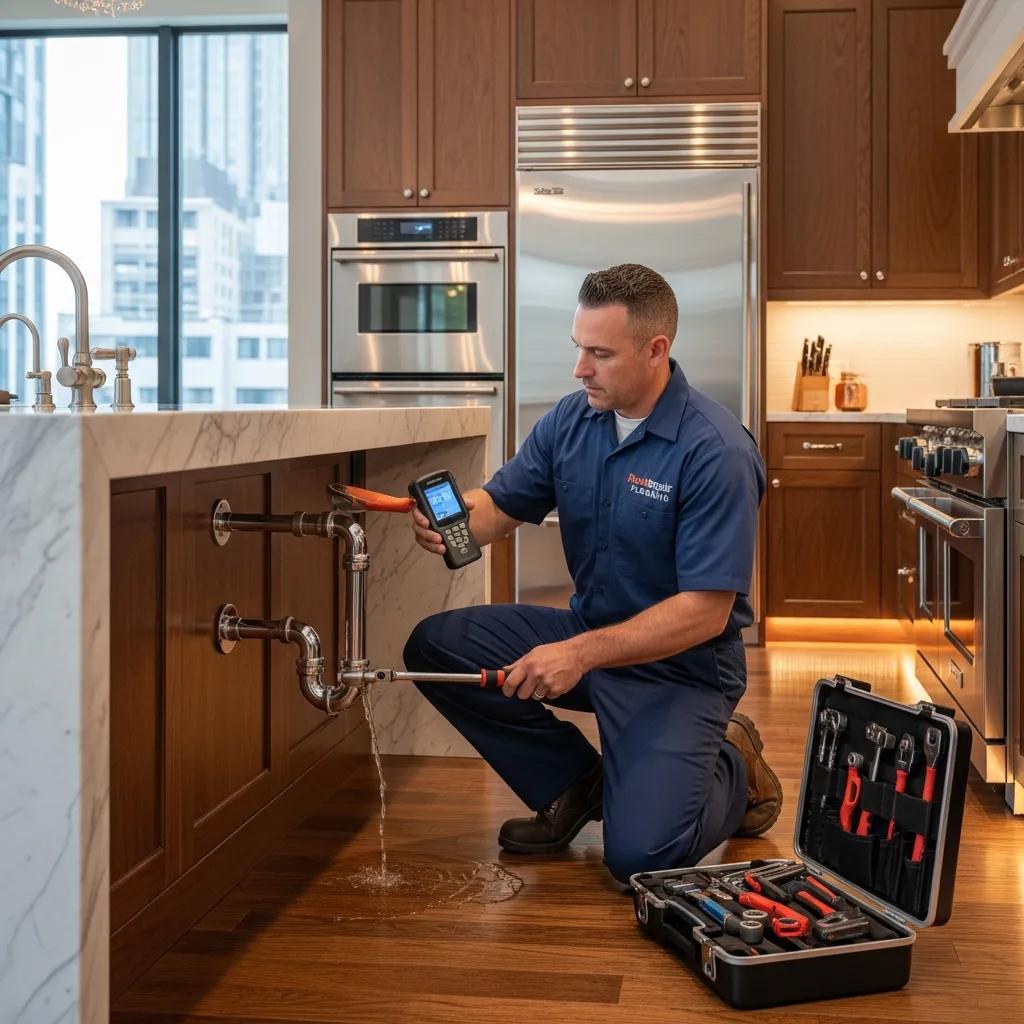 Plumber responding to a water leak in a luxury kitchen