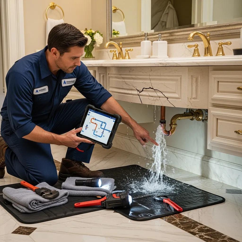 On‑site emergency technician assessing plumbing in a high‑end home, showing our around‑the‑clock readiness
