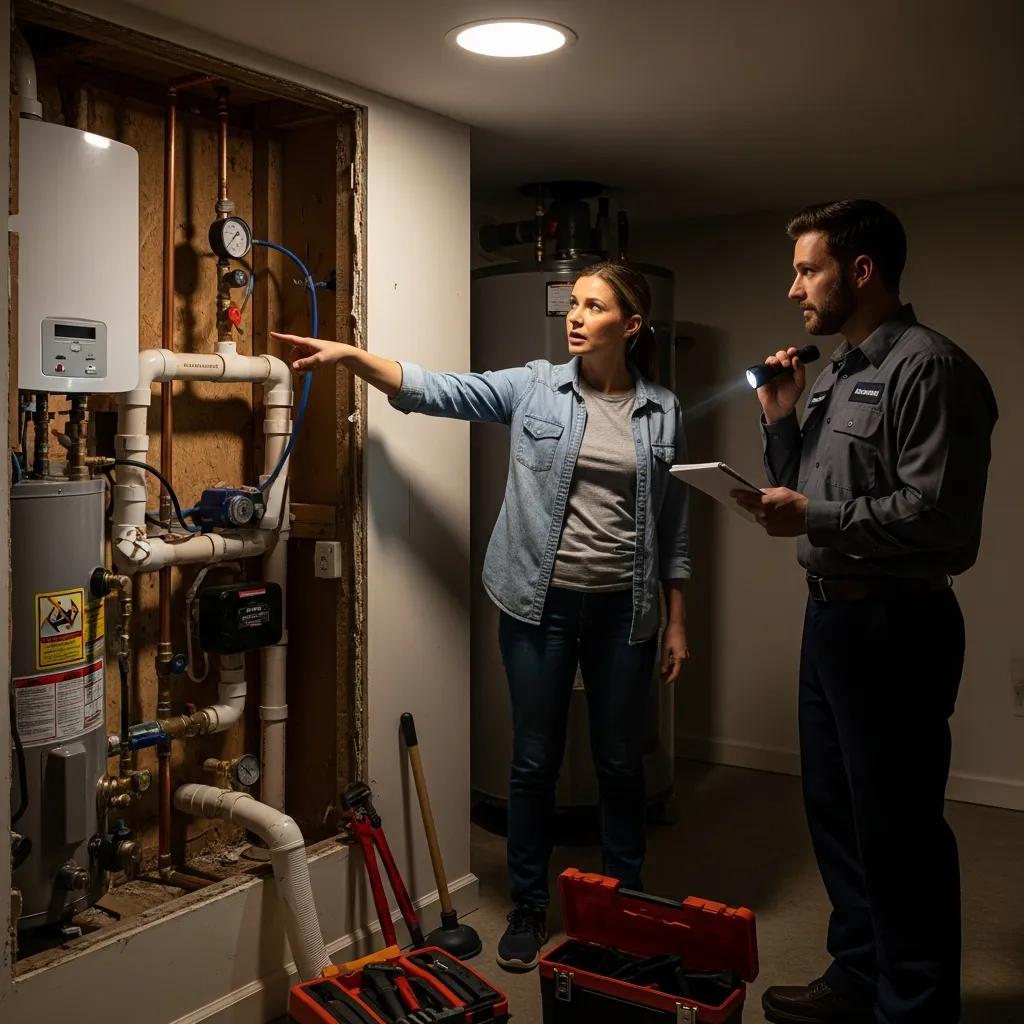 Homeowner and plumber talking through visible plumbing components to improve communication