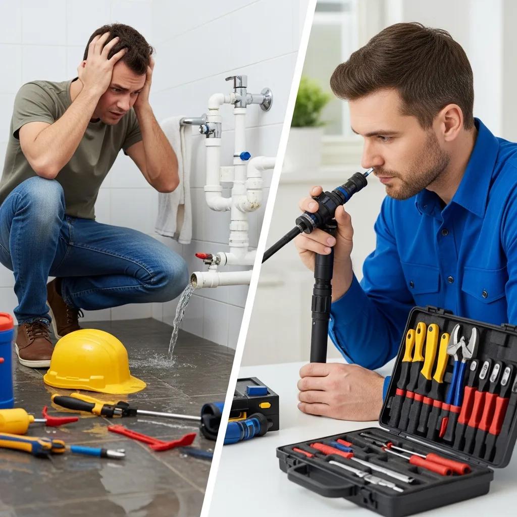 Side-by-side: homeowner attempting a small plumbing fix and a pro assessing a larger issue