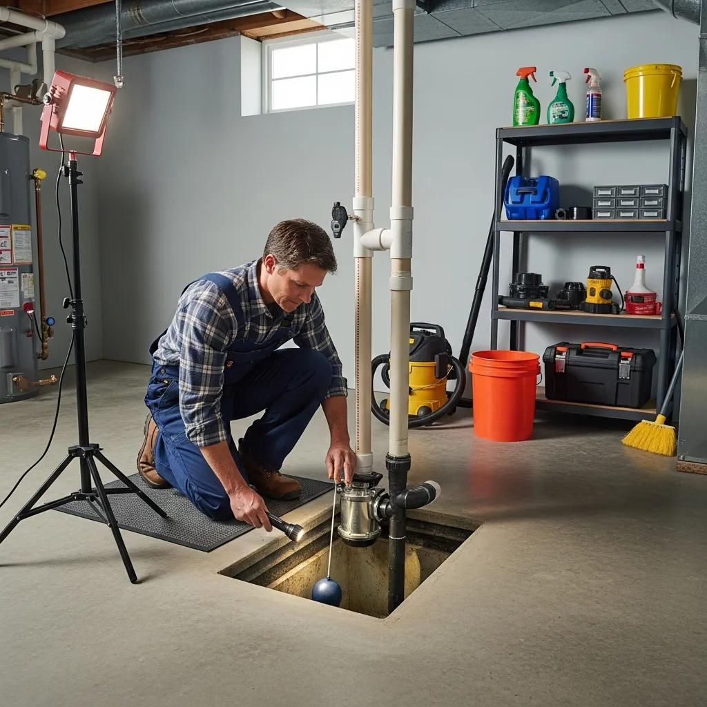 Homeowner checking a sump pump during routine maintenance to prevent clogs and failures