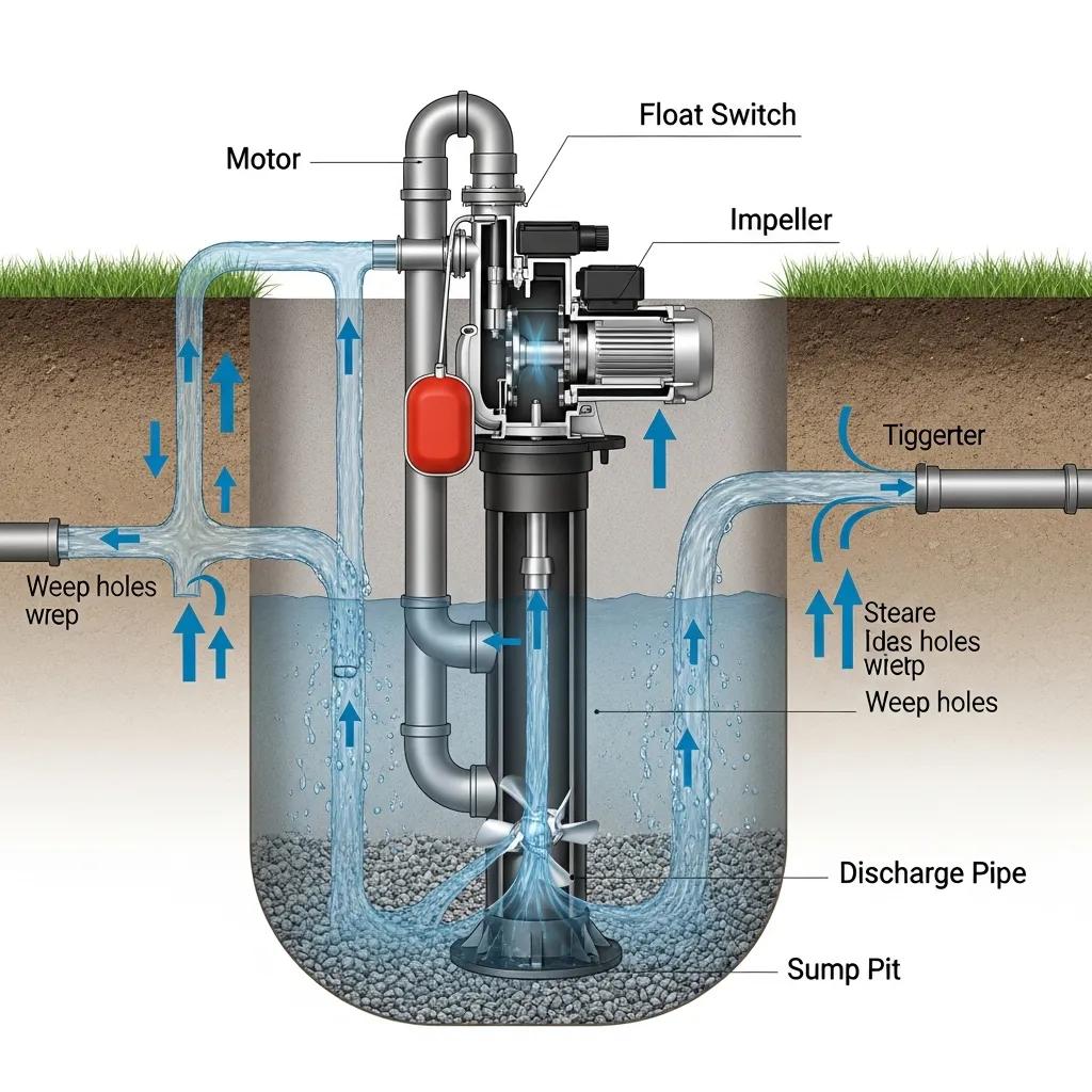 Illustration of a pedestal sump pump mechanism showing float switch activation, motor, impeller, and water removal process in a sump pit, highlighting components for basement flooding prevention.
