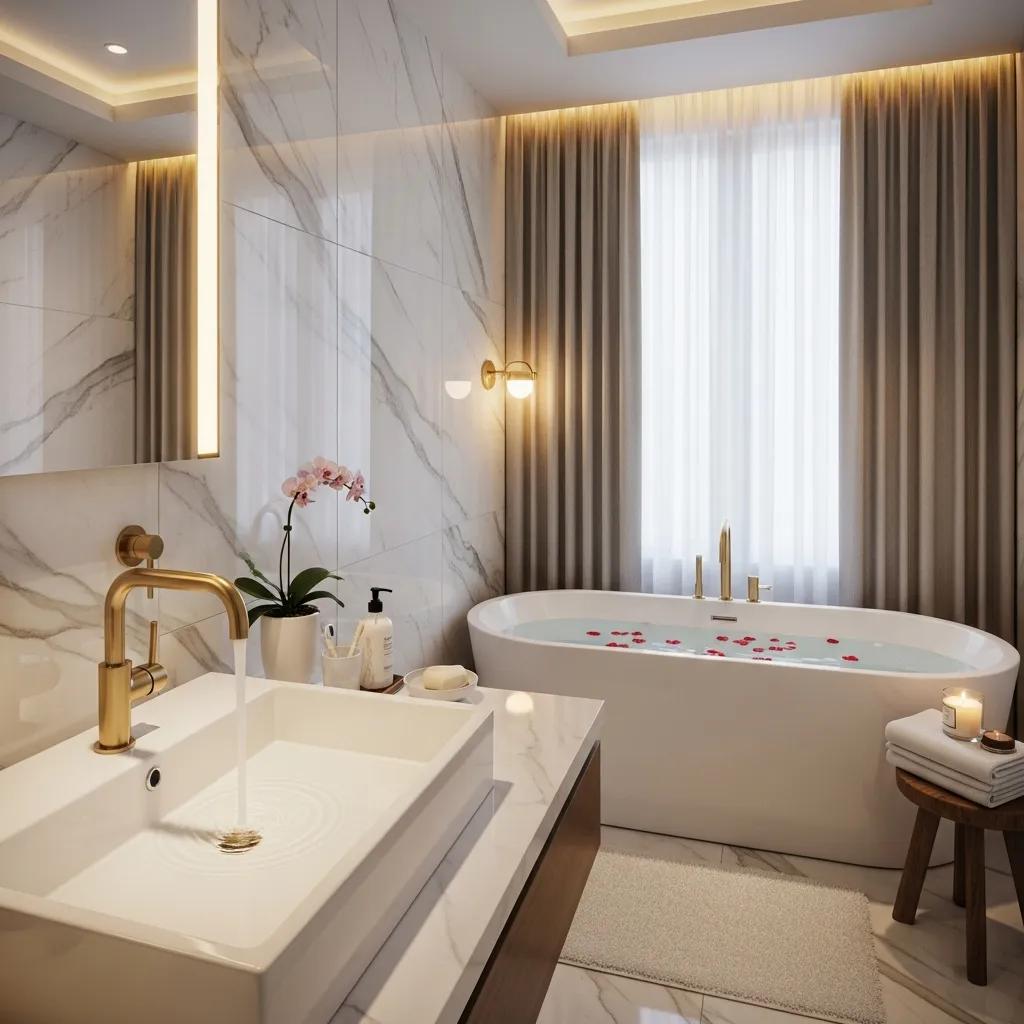 Luxurious bathroom with designer plumbing fixtures emphasizing premium plumbing solutions