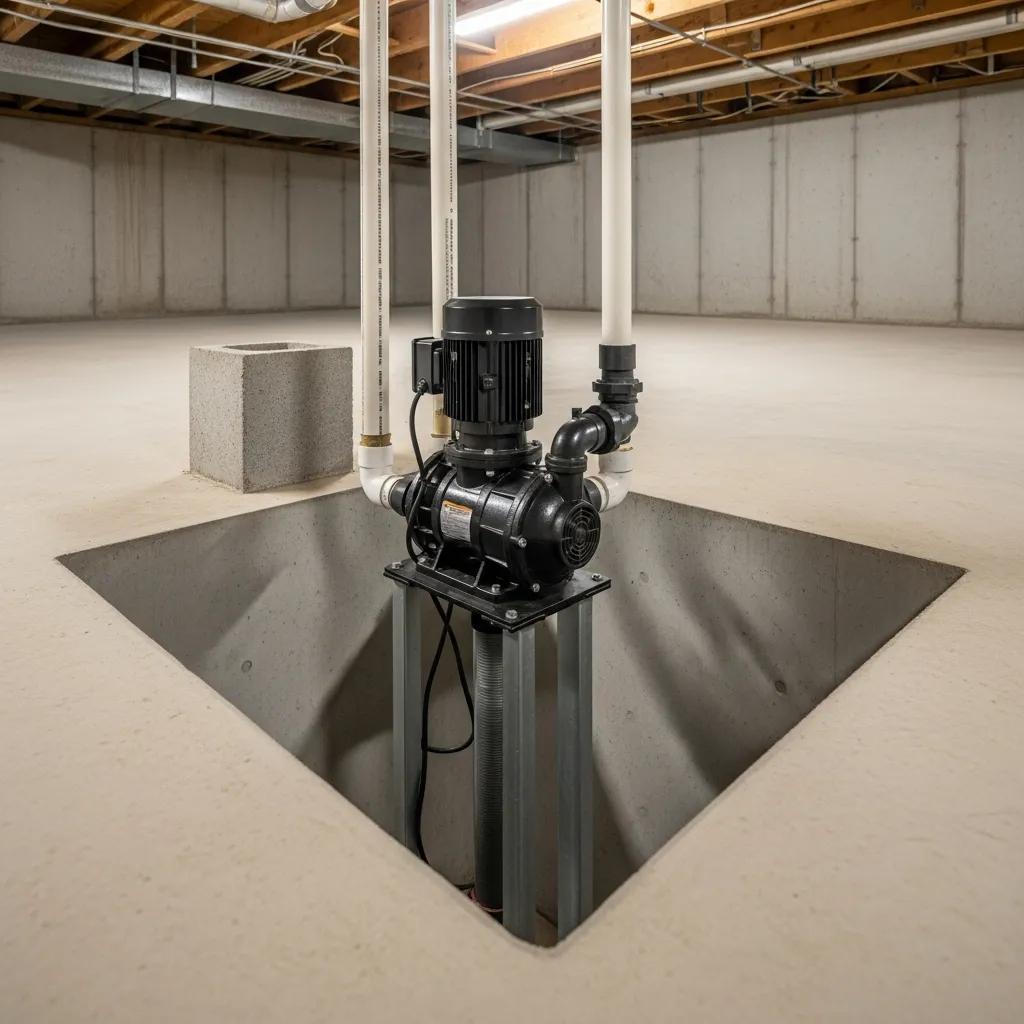Pedestal sump pump installation in a basement, highlighting its above-ground motor and protective function against water intrusion