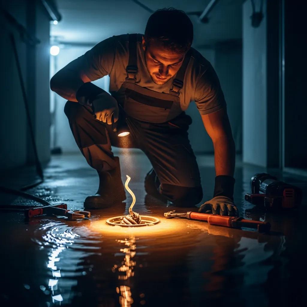 Technician responding to a basement drain emergency at night