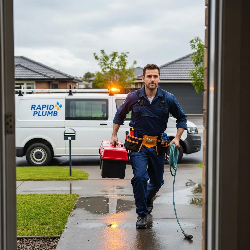 Technician responding to an emergency plumbing call at a Roseville home, ready to stabilize the situation
