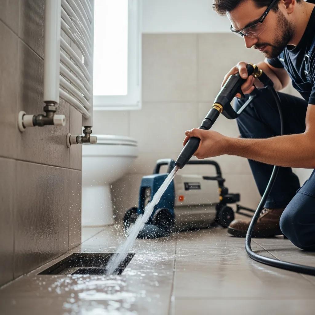 Frost & Kretsch technician operating a hydro-jetting unit to clear a residential drain