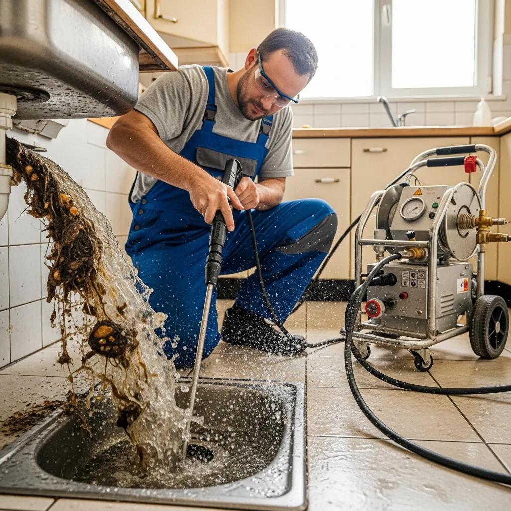 Plumber using hydro-jetting to clear a residential drain — effective clog removal for lasting results