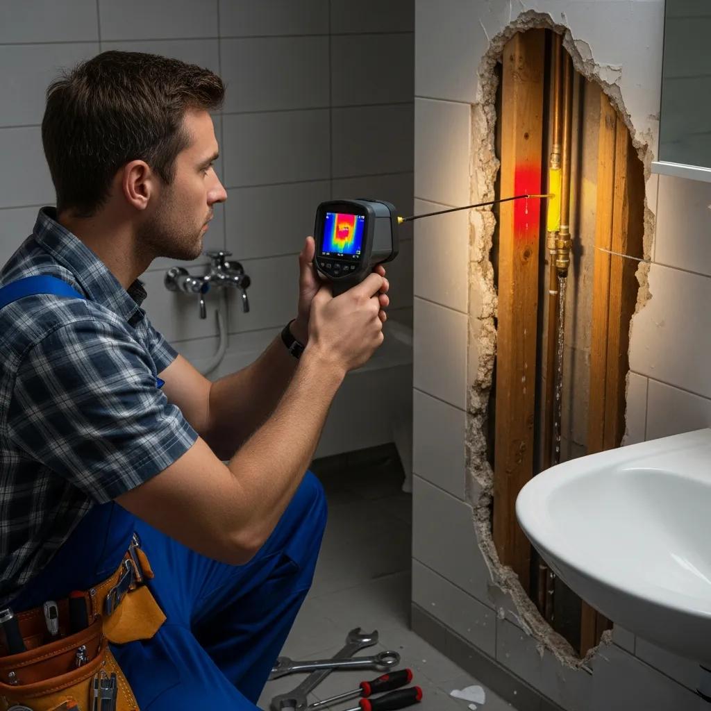 Technician using thermal imaging for precise leak detection inside a home