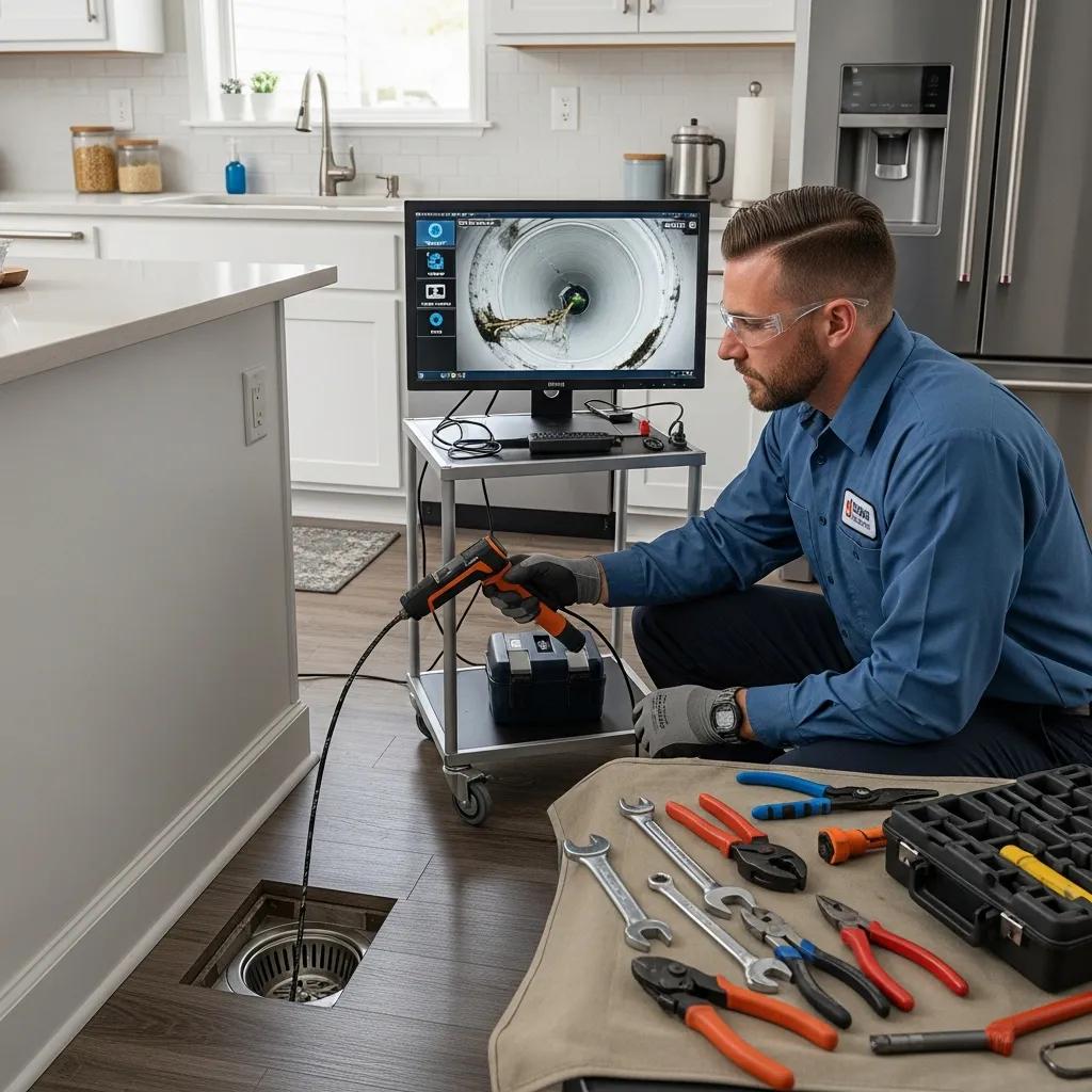 Professional plumber diagnosing drain issues with camera inspection tools in a residential kitchen