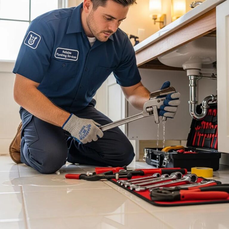 Professional plumber fixing a pipe in a residential setting, showcasing reliable plumbing solutions
