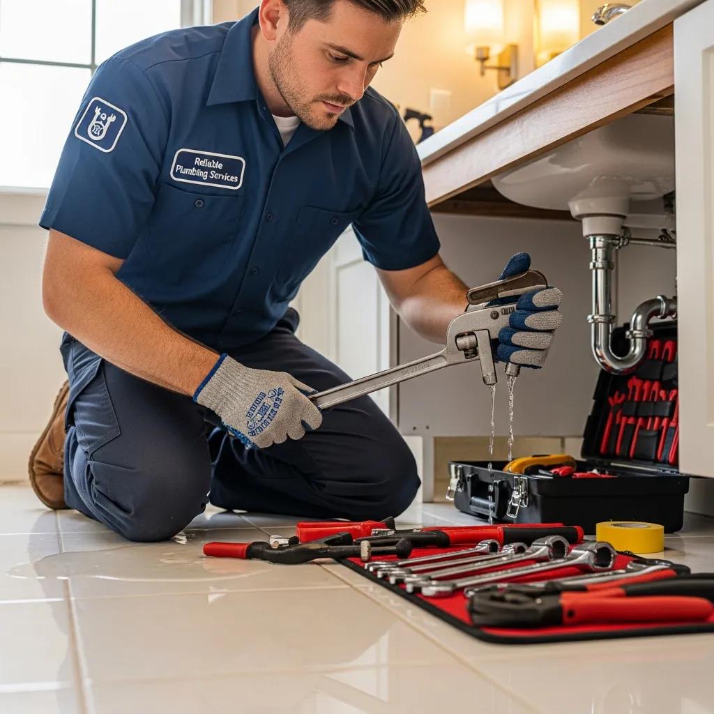 Professional plumber fixing a pipe in a residential setting, showcasing reliable plumbing solutions