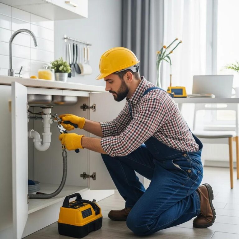 Professional plumber repairing a residential plumbing system under a kitchen sink