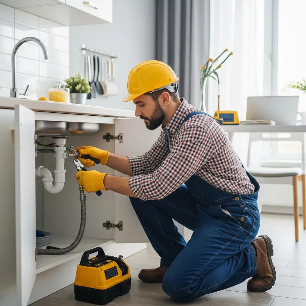 Professional plumber repairing a residential plumbing system under a kitchen sink