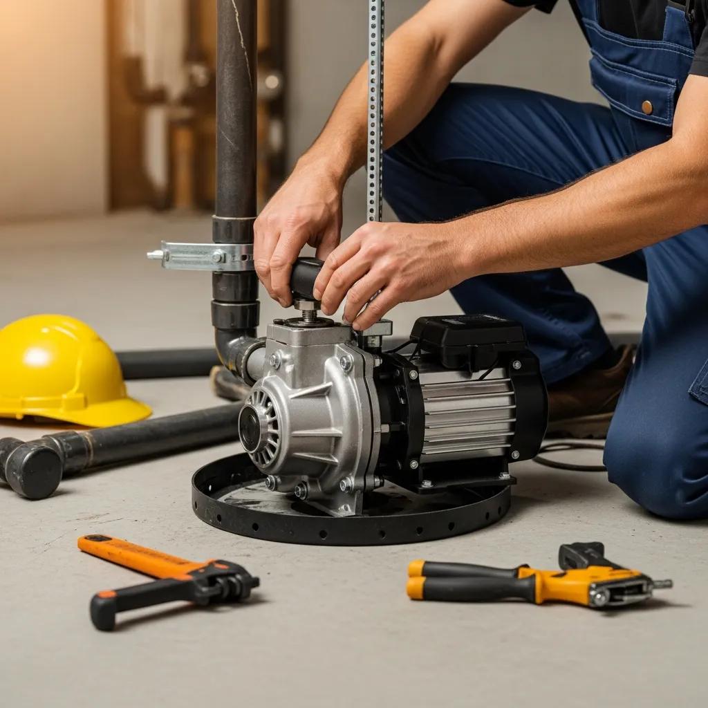 Sump pump installation in a basement with a technician adjusting the pump