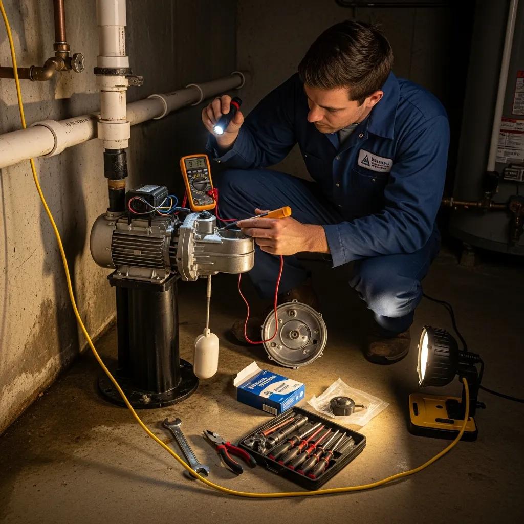Technician inspecting pedestal sump pump components, focusing on float switch and motor diagnostics, with tools and equipment for repair.