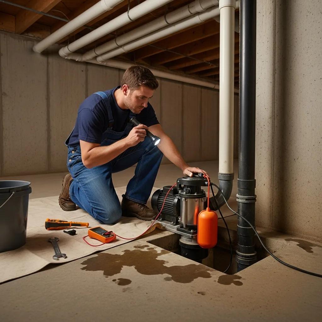 Technician inspecting a sump pump and diagnosing issues in a basement