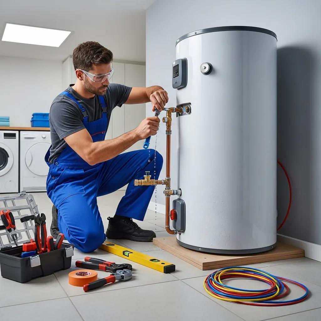 Plumbing technician installing a water heater, emphasizing careful, code-compliant work