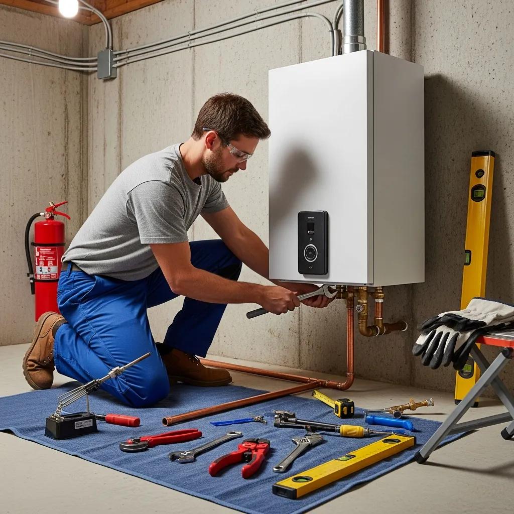 Technician fitting a water heater in a home — professional installation and repair in Shelby Township