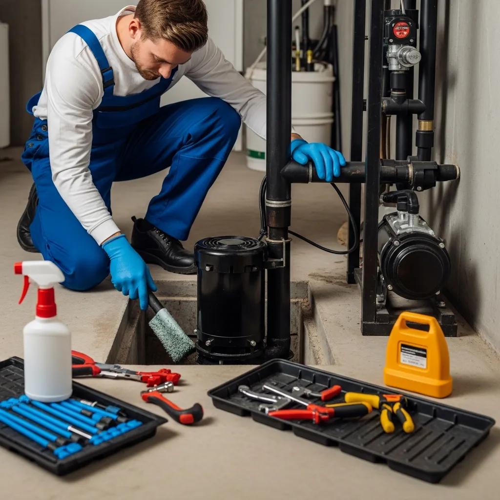 Technician performing routine sump pump maintenance in a clean basement