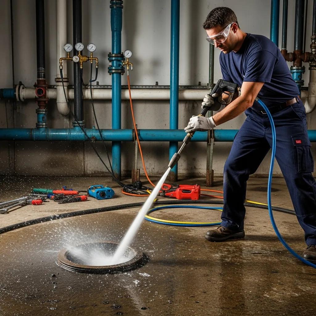 Technician operating a hydro jetting unit to clear a heavy clog
