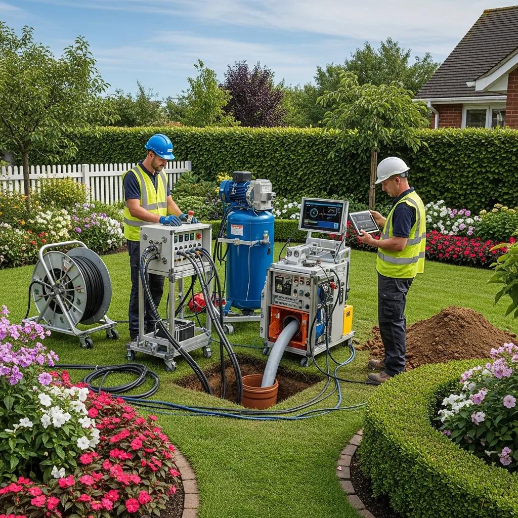 Technician performing trenchless sewer repair, demonstrating minimal surface disruption