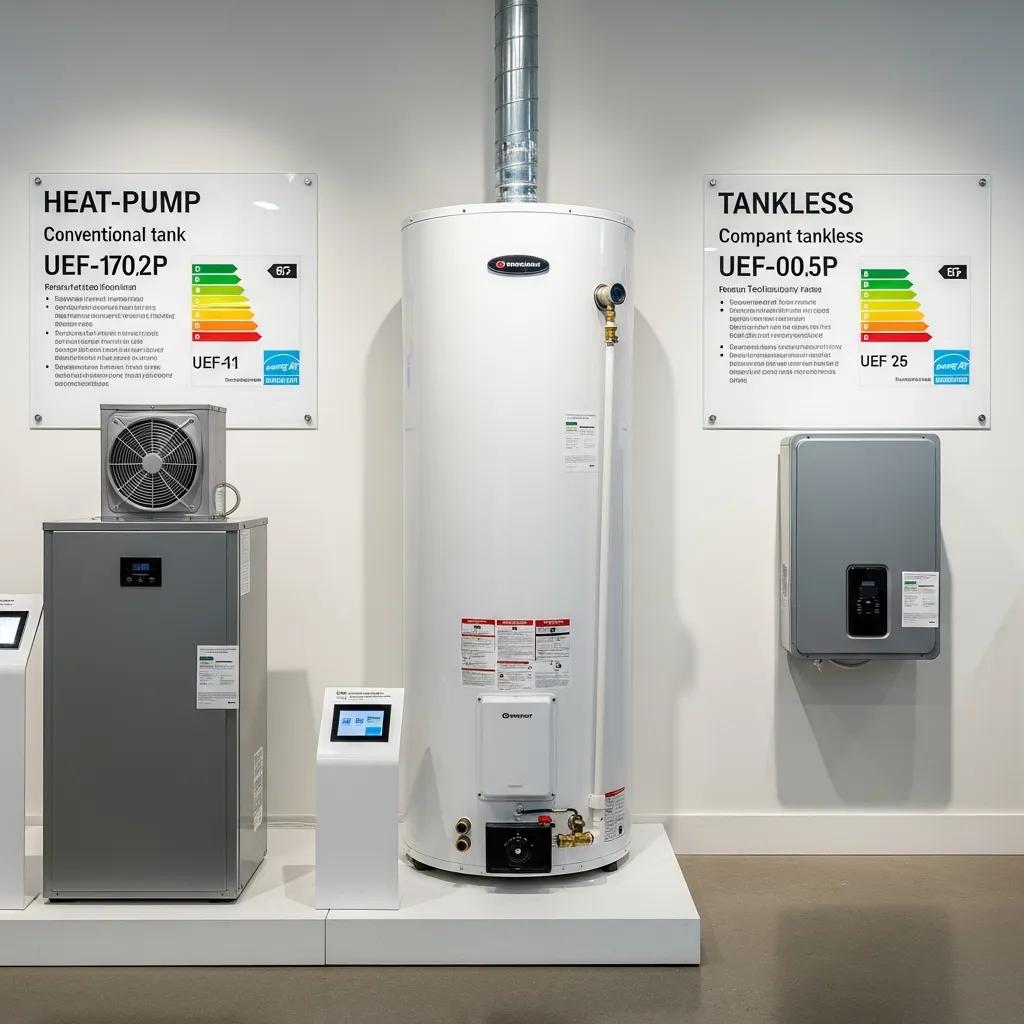 Selection of water heater types&mdash;tank, tankless, and hybrid&mdash;showing repair and installation options