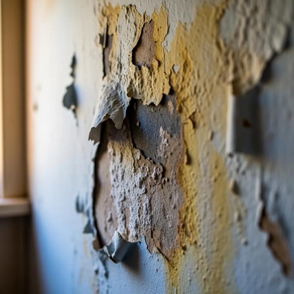Damp wall with water stains and peeling paint showing a hidden leak