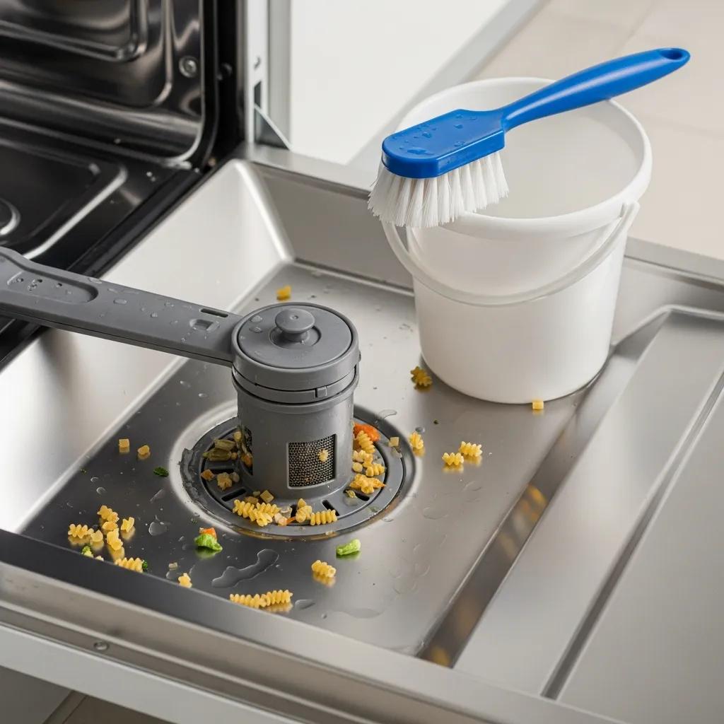 Close-up of a dishwasher drain and tools used to clear debris