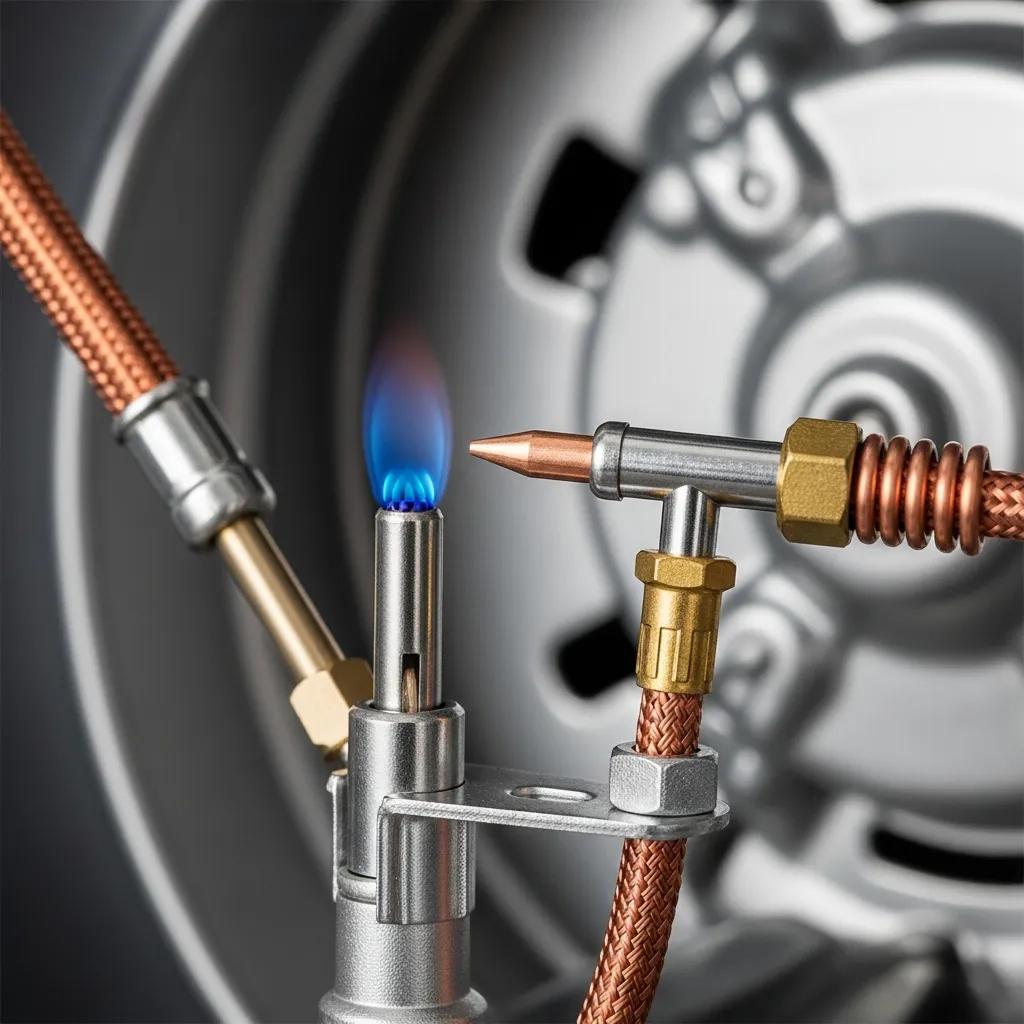 Close-up view of a gas water heater pilot assembly and thermocouple