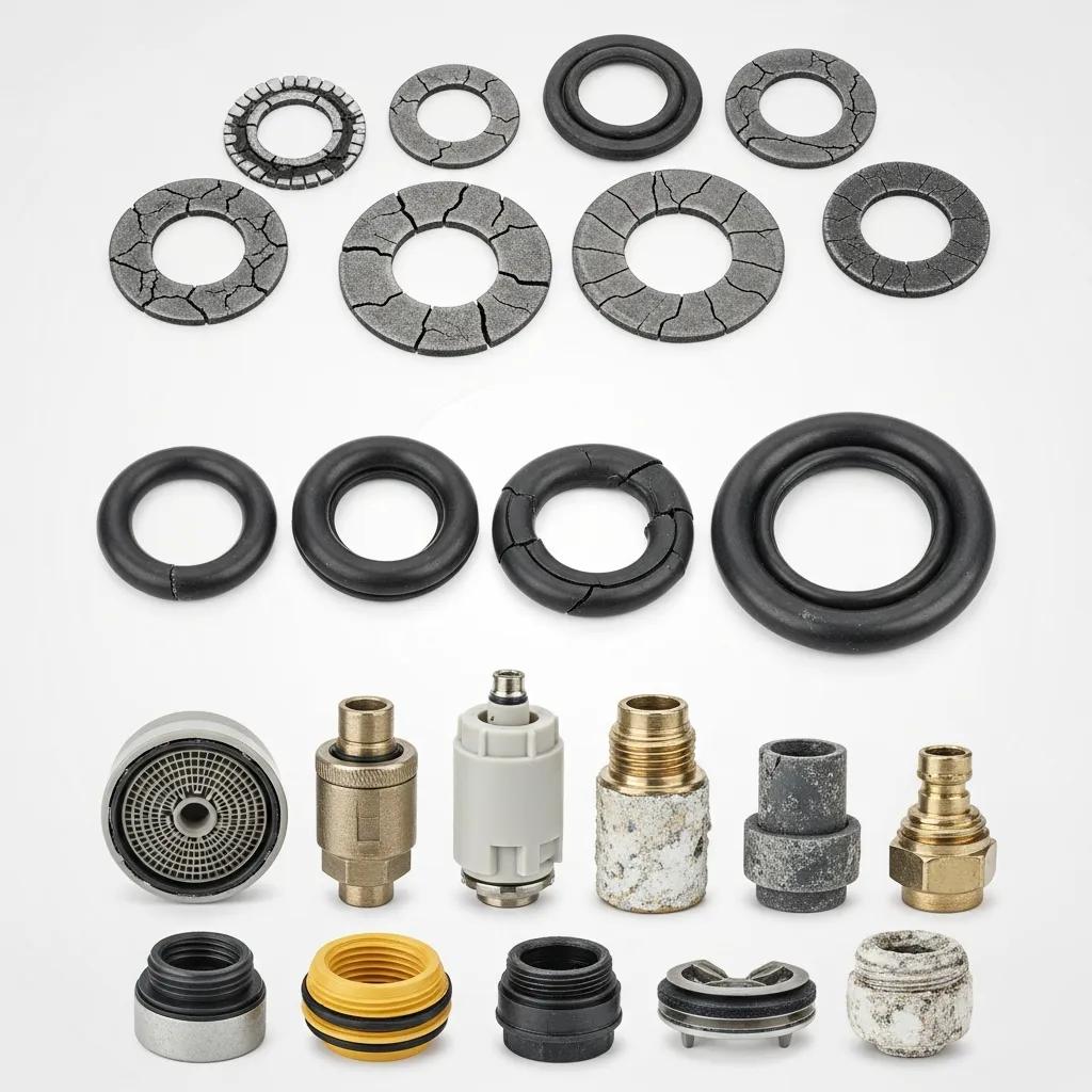 Close-up of worn washers, cracked O-rings, and mineral deposits on faucet parts, showing common leak causes