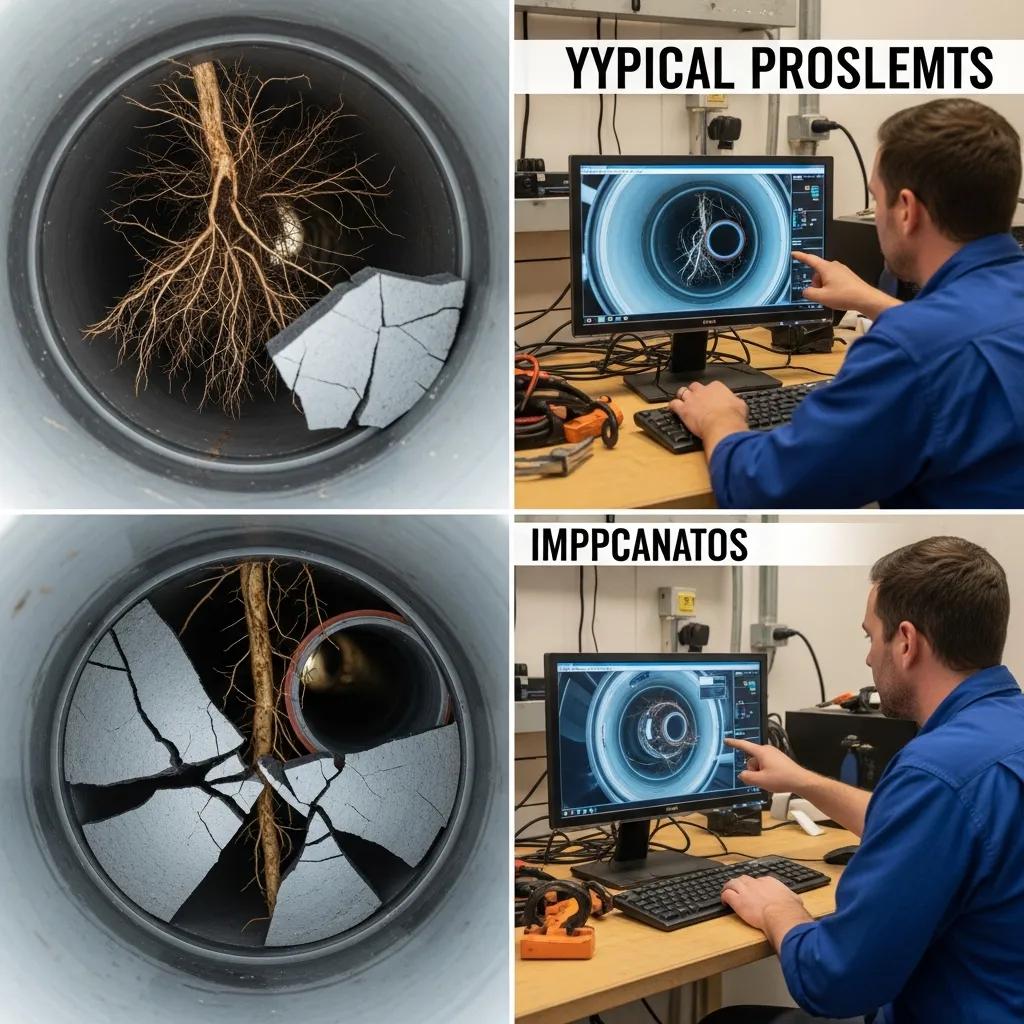 Examples of sewer camera findings like root intrusion, cracks, and blockages