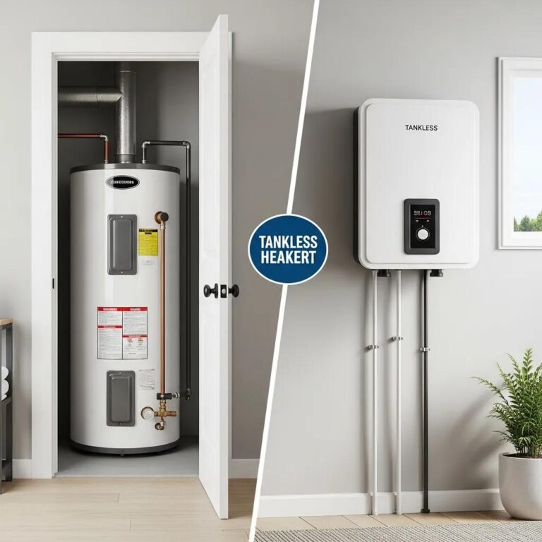 Comparison of tank and tankless water heaters in a home setting, highlighting their differences