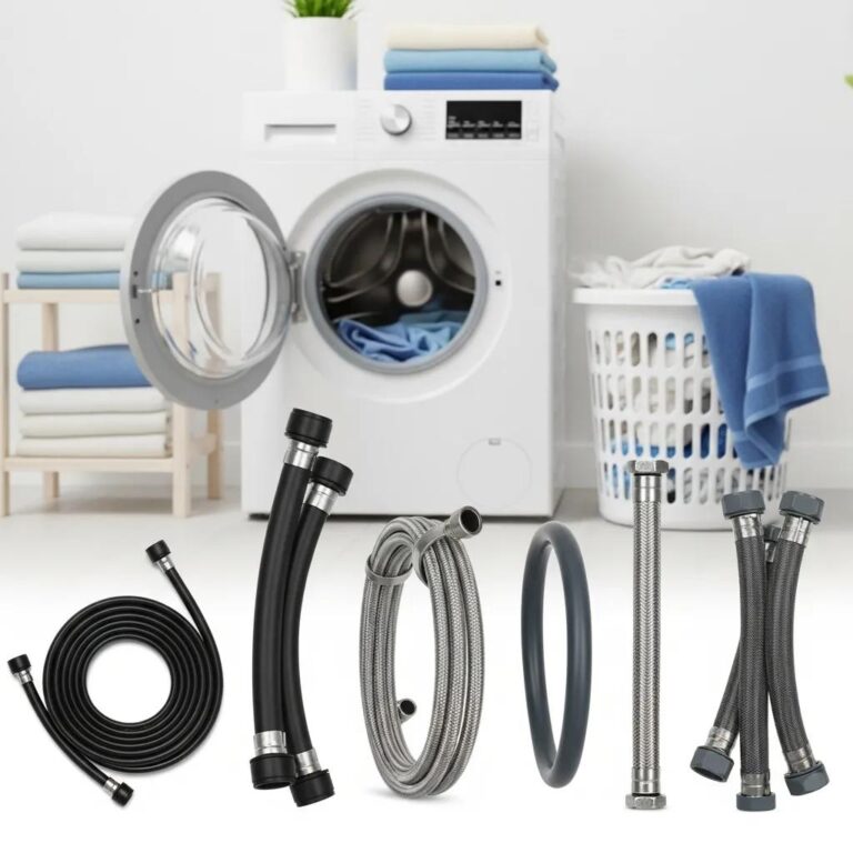 Different types of washing machine hoses in a home laundry setting, showcasing rubber, braided stainless steel, and EPDM materials